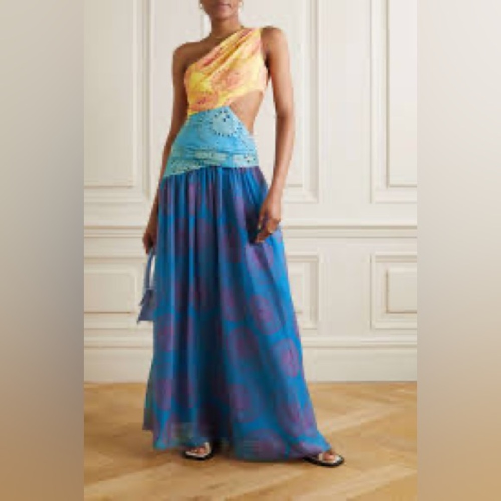 STAUD
Ashlyn one-shoulder cutout printed chiffon maxi dress in size 12.